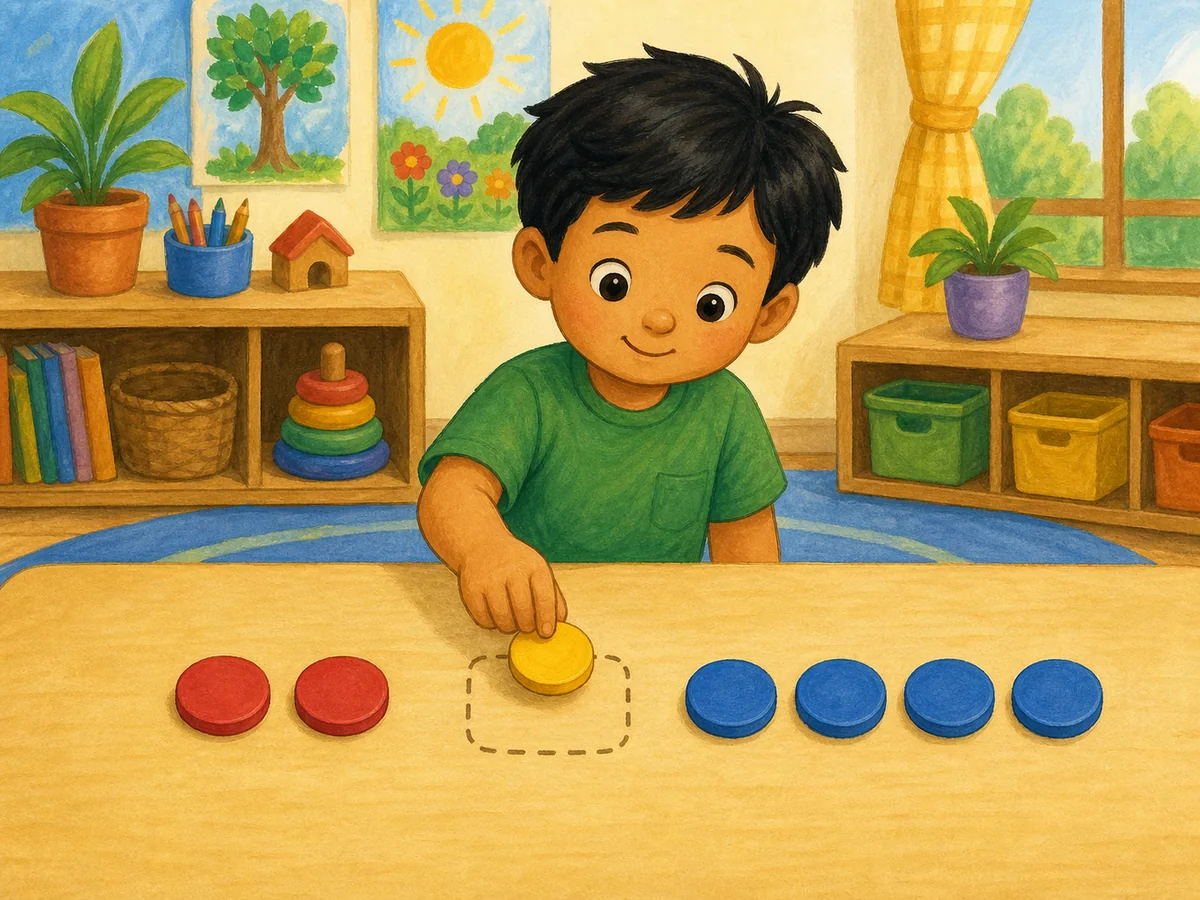 Niño colocando un bloque entre dos grupos ordenados