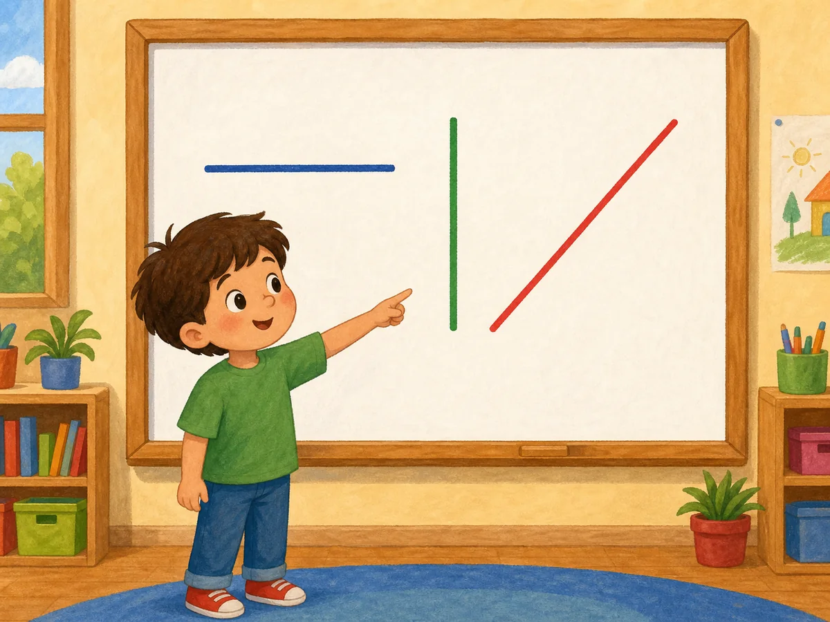 Ni&ntilde;o se&ntilde;alando una l&iacute;nea oblicua junto a una horizontal y una vertical