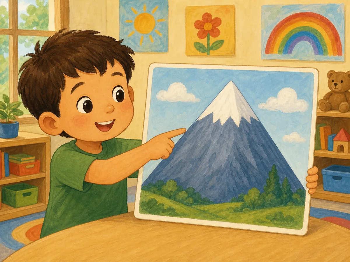Ni&ntilde;o se&ntilde;alando los dos lados oblicuos de una monta&ntilde;a