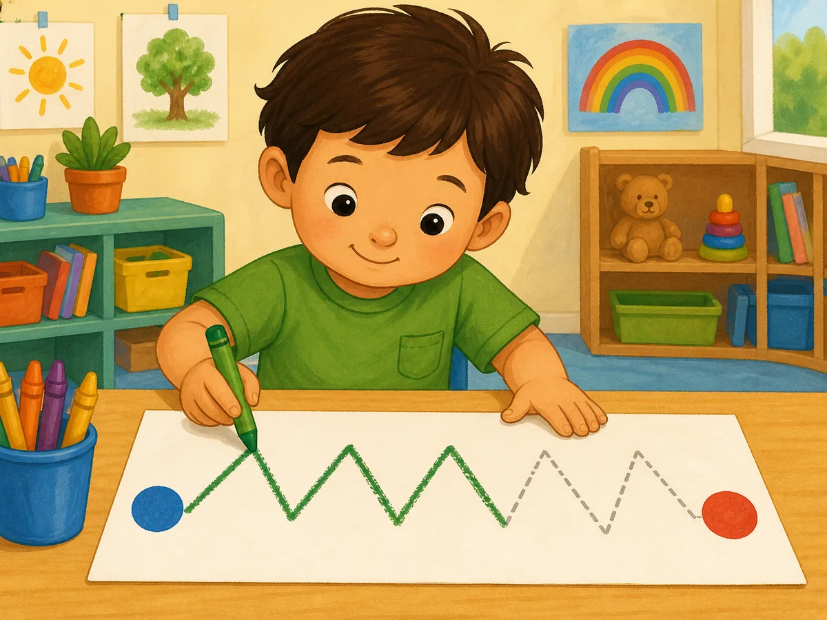 Ni&ntilde;o siguiendo un camino en zigzag formado por l&iacute;neas oblicuas