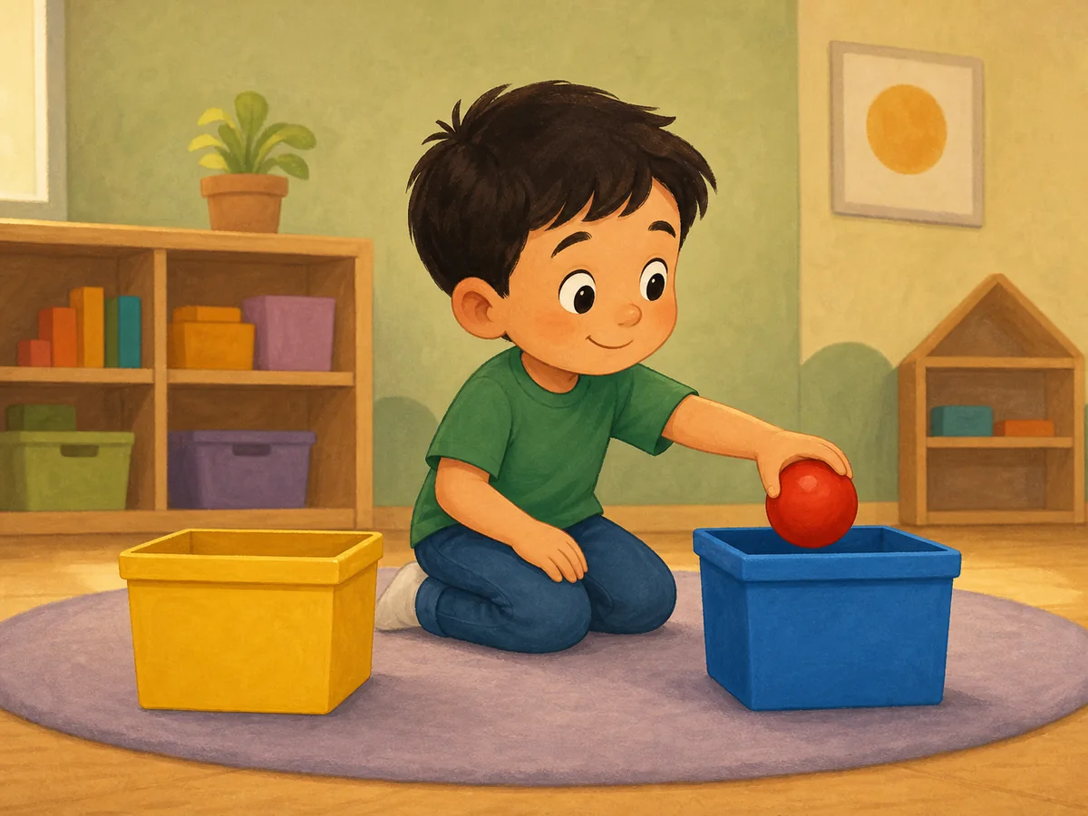 Niño colocando una pelota en la caja azul de la derecha