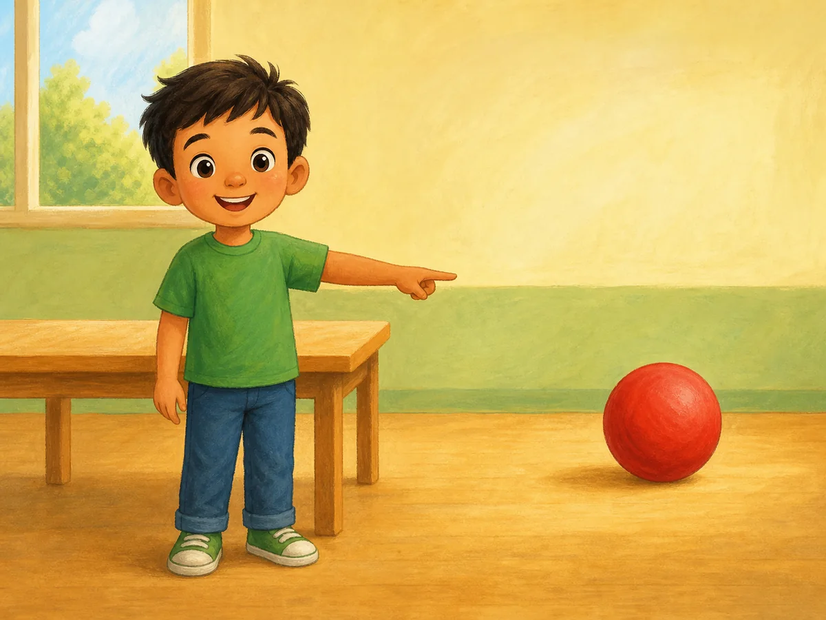 Niño señalando una pelota situada a su derecha
