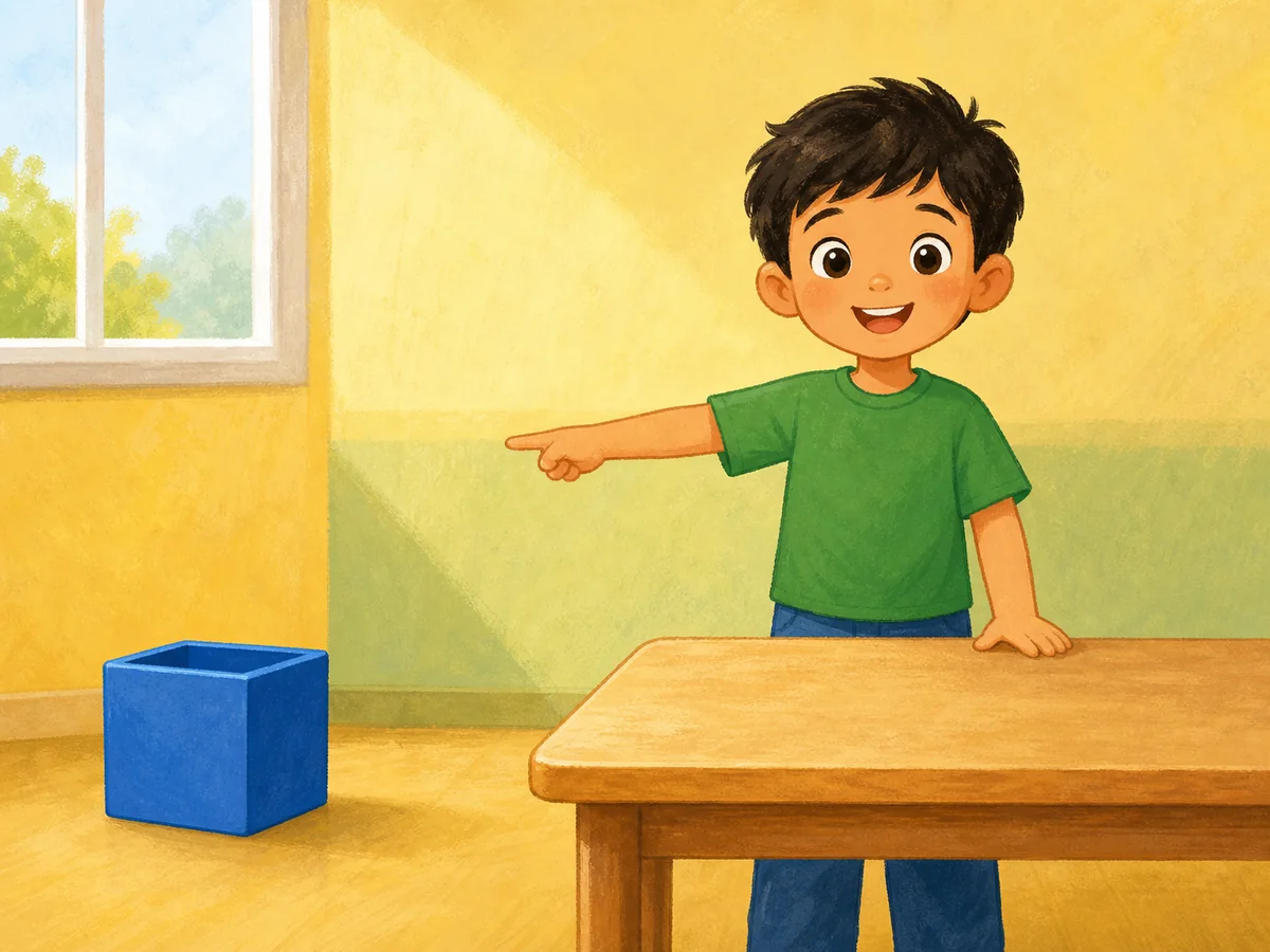 Niño señalando un cubo azul situado a su izquierda