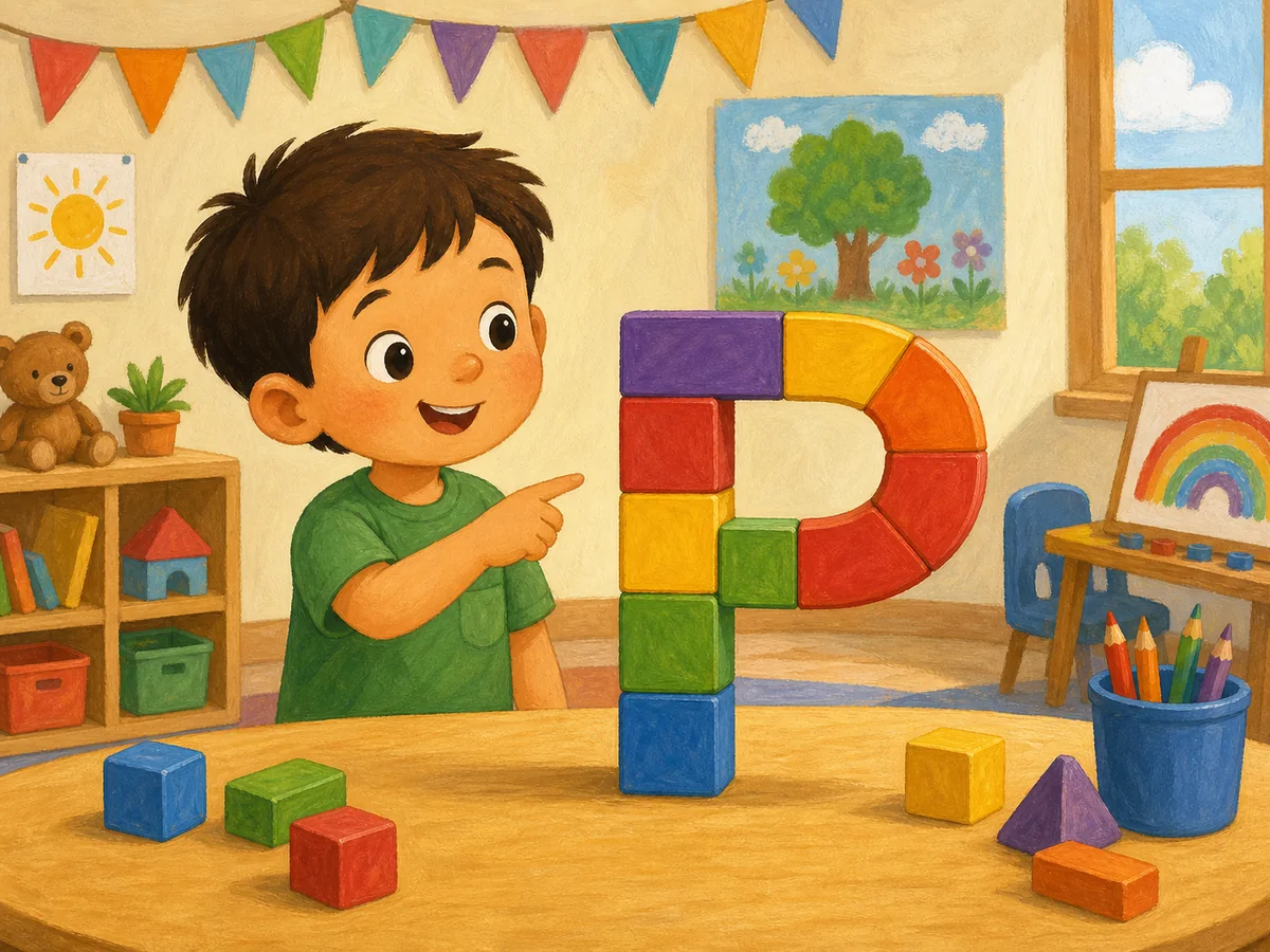 Niño señalando la letra P mayúscula hecha con bloques