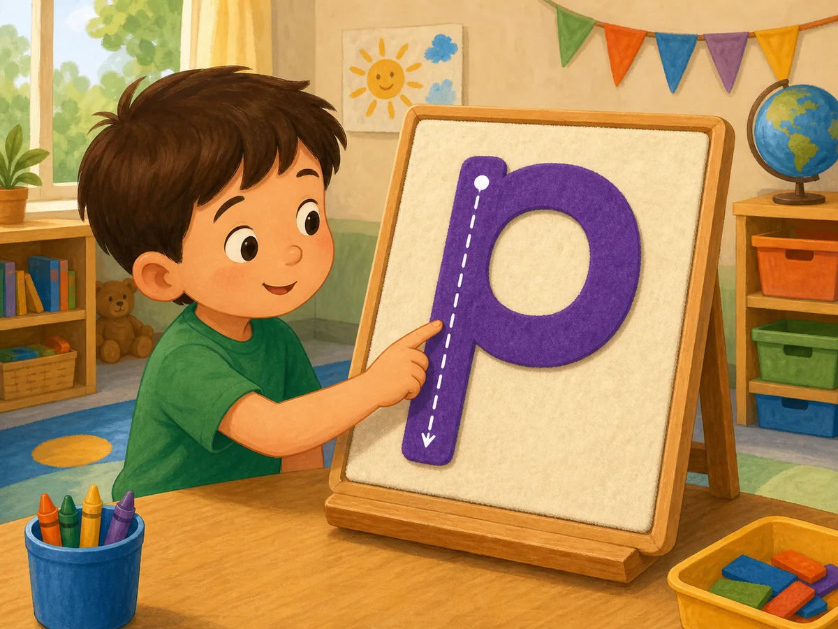 Niño siguiendo con el dedo la letra p minúscula