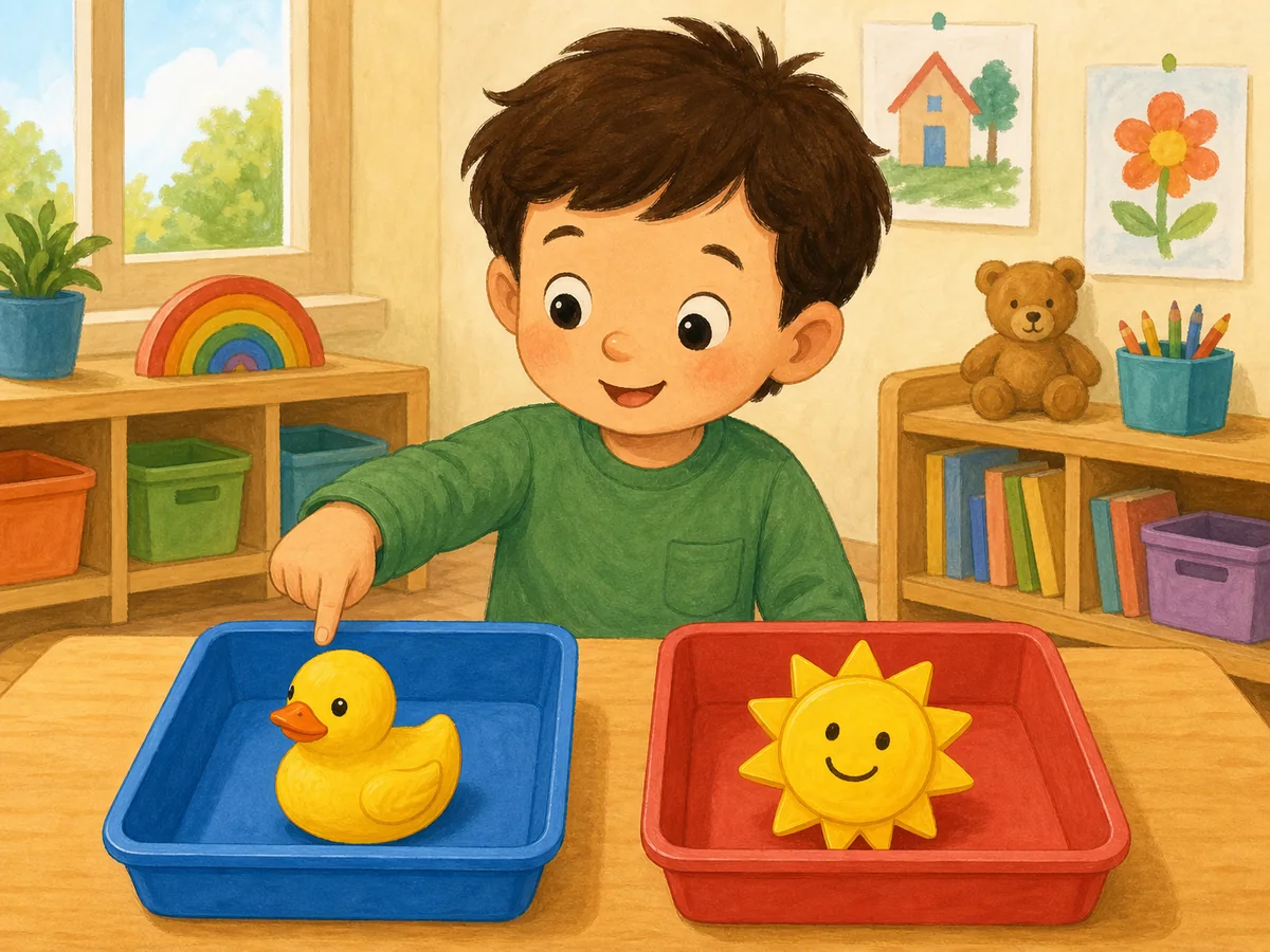 Niño clasificando un pato y un sol en bandejas