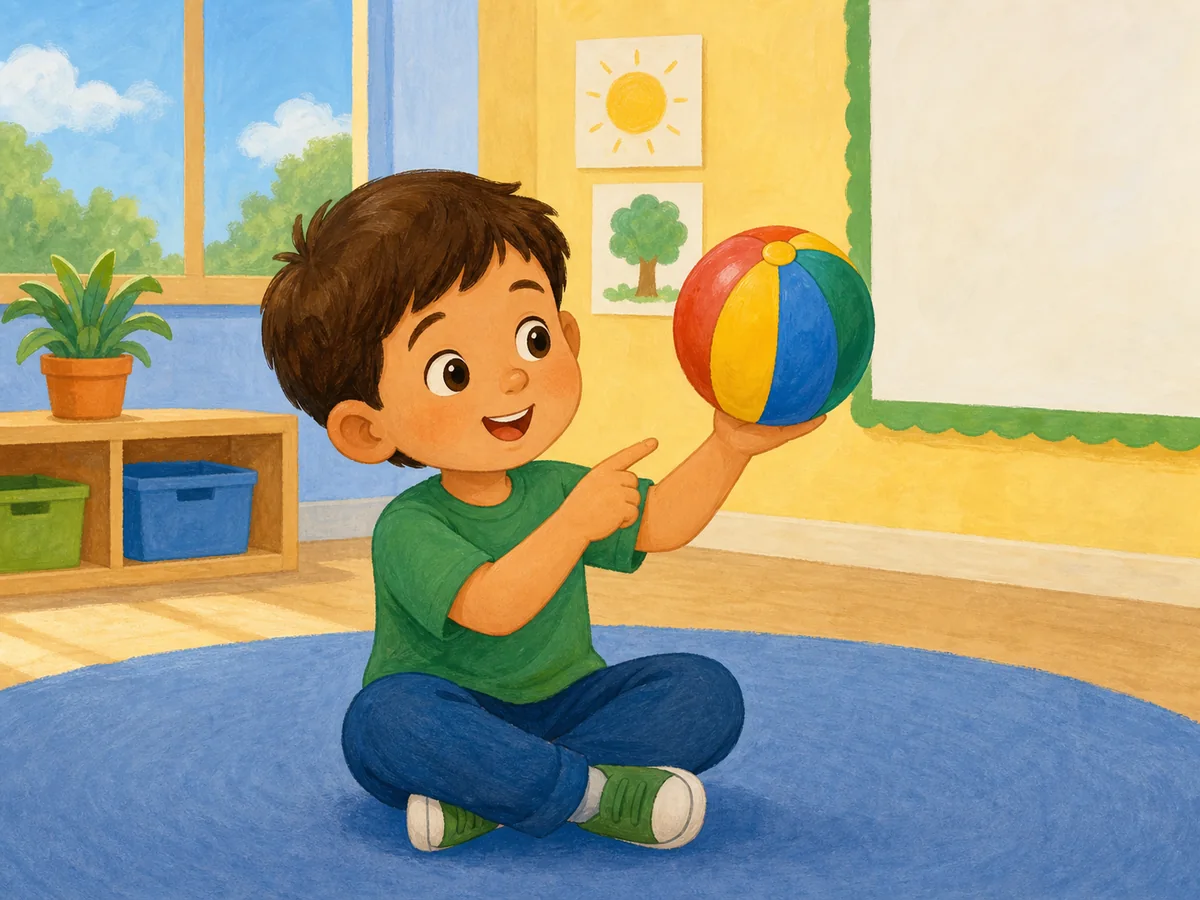 Niño señalando una pelota de colores en el aula