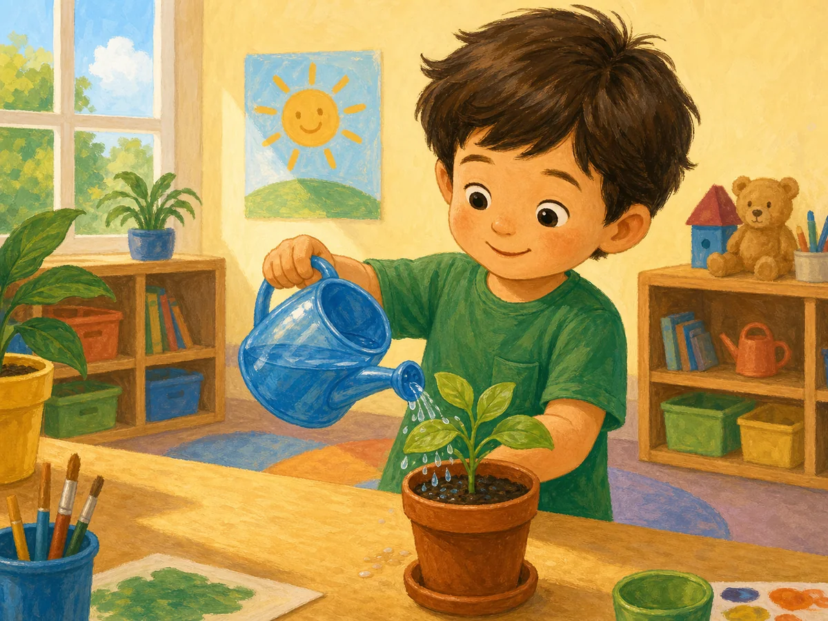 Niño regando una planta con una regadera azul