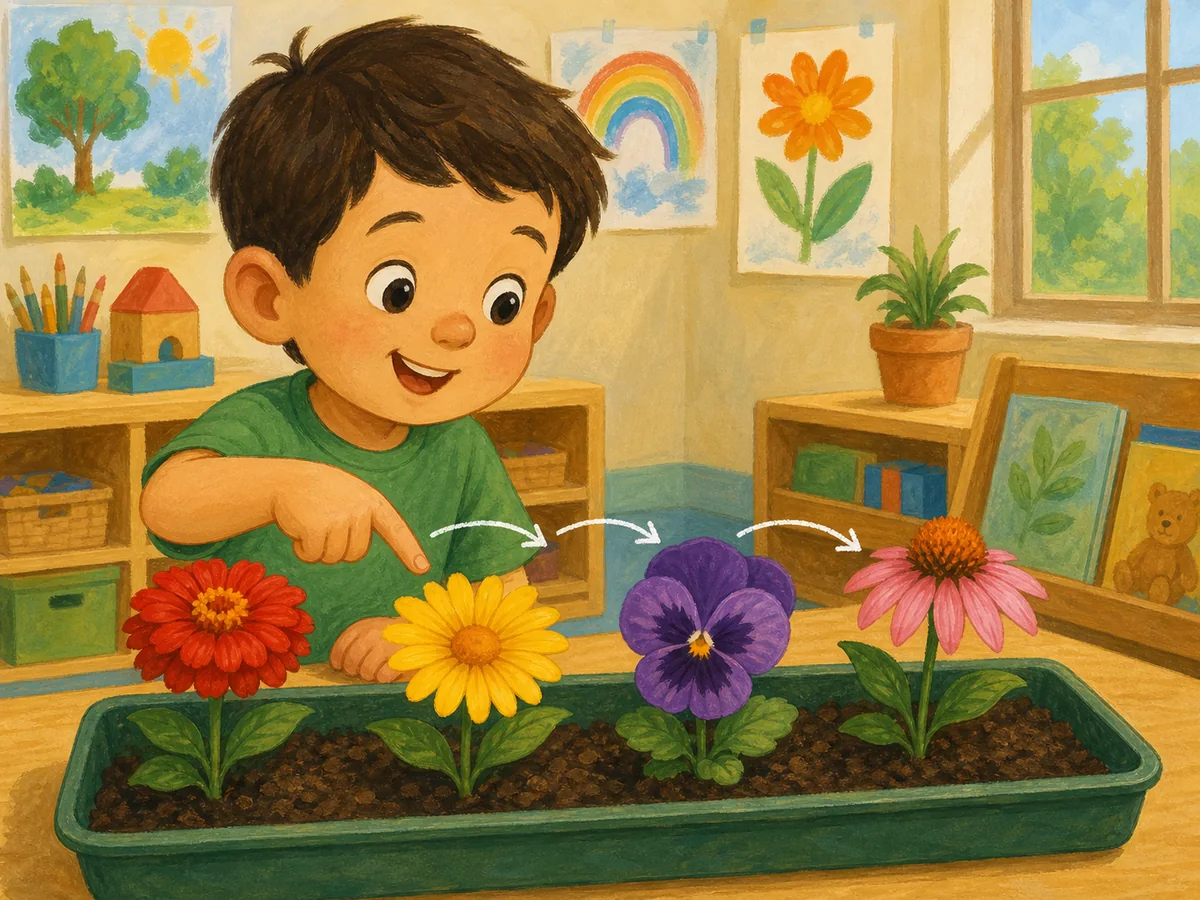 Niño contando cuatro flores separadas en una bandeja