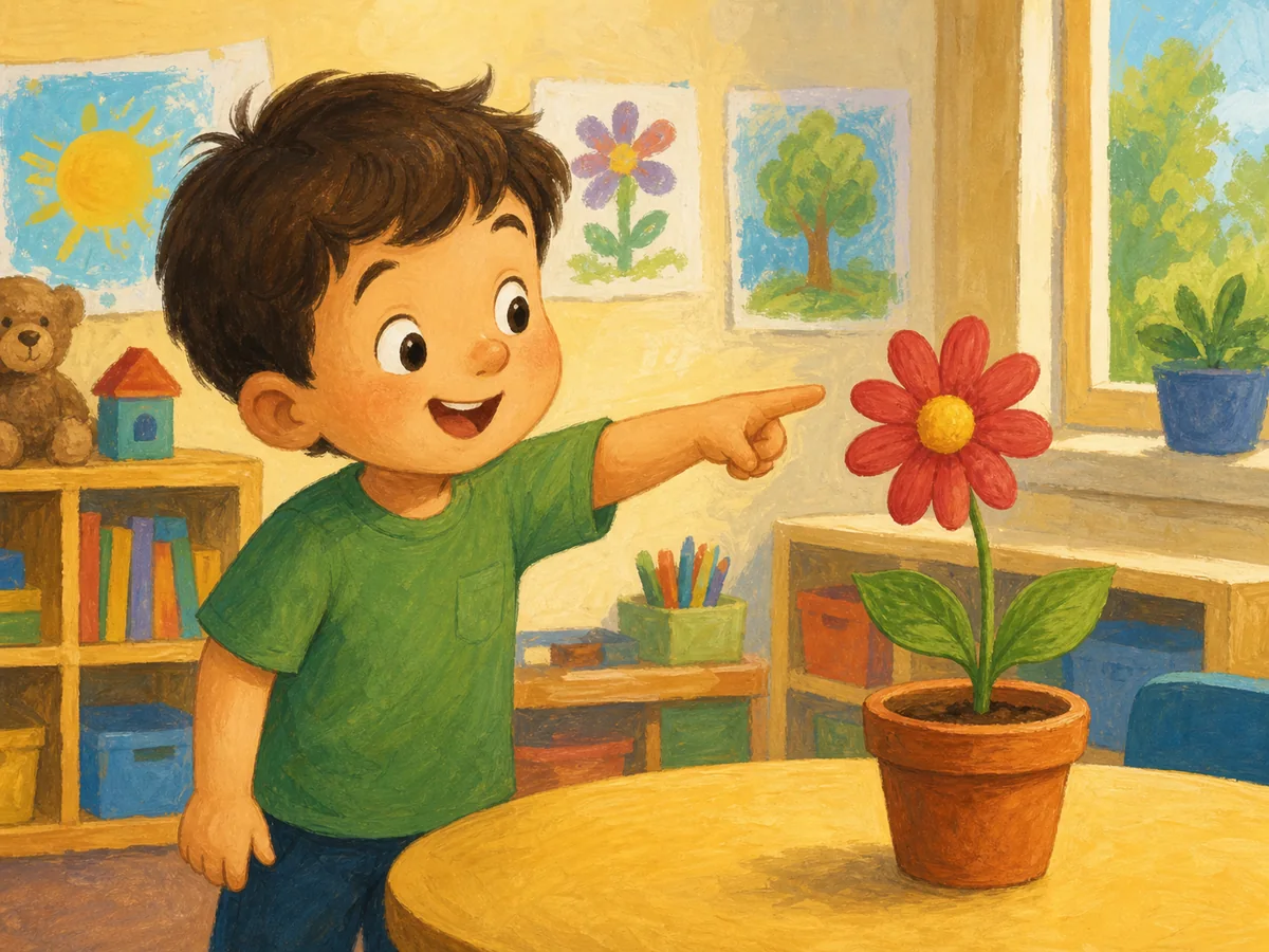 Niño señalando los pétalos de una flor en el aula