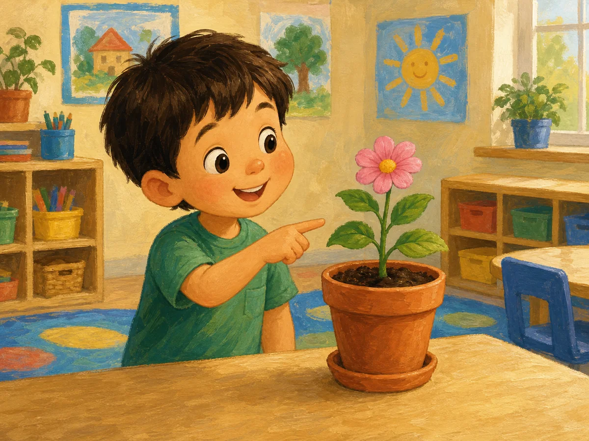 Niño señalando una planta pequeña en una maceta