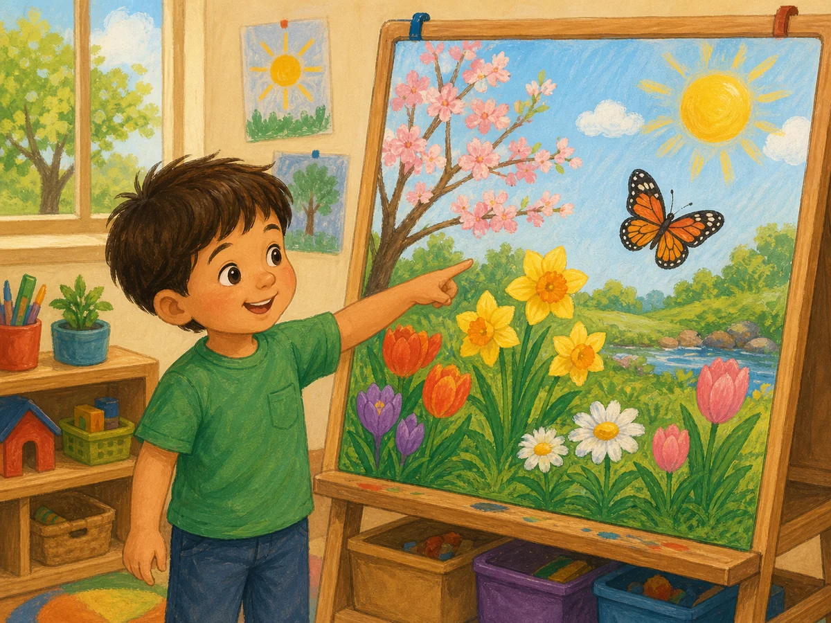 Niño observando una escena de primavera con flores y mariposa