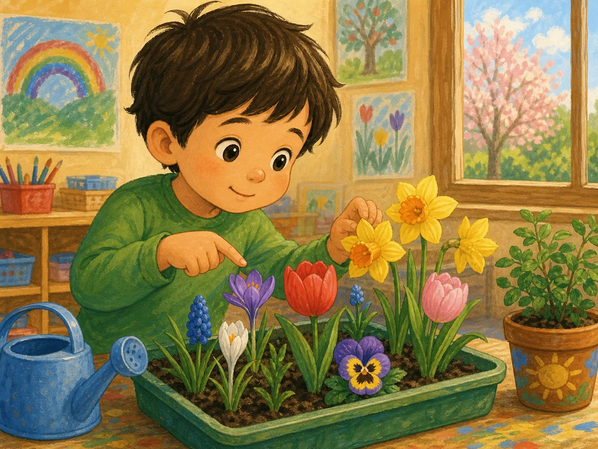 Niño observando flores de primavera en el aula