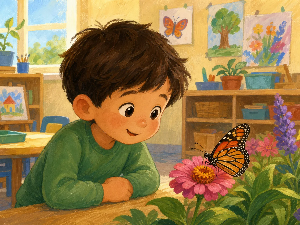 Niño observando una mariposa sobre una flor