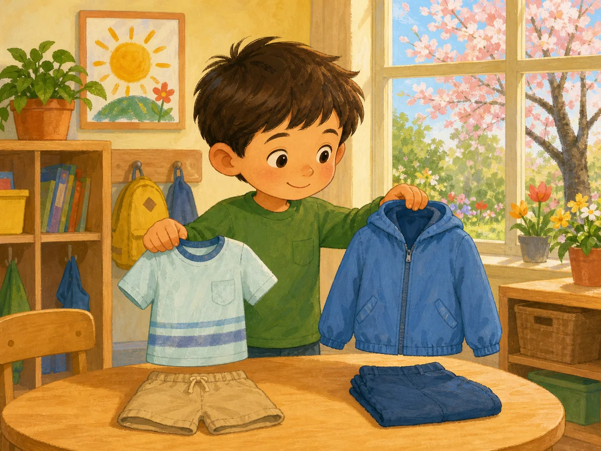 Niño eligiendo ropa ligera para un día de primavera