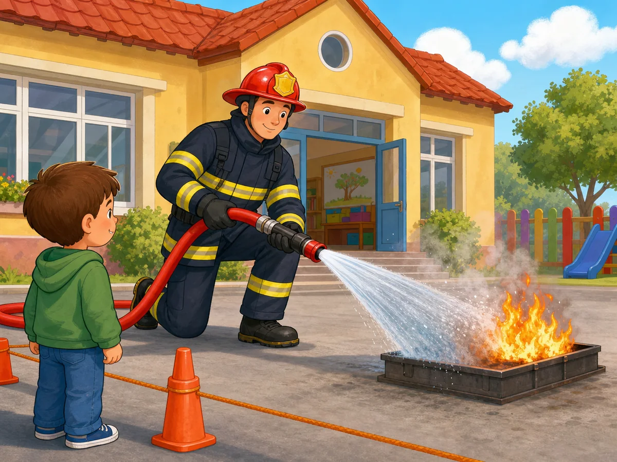 Bombero usa una manguera para apagar un fuego de entrenamiento