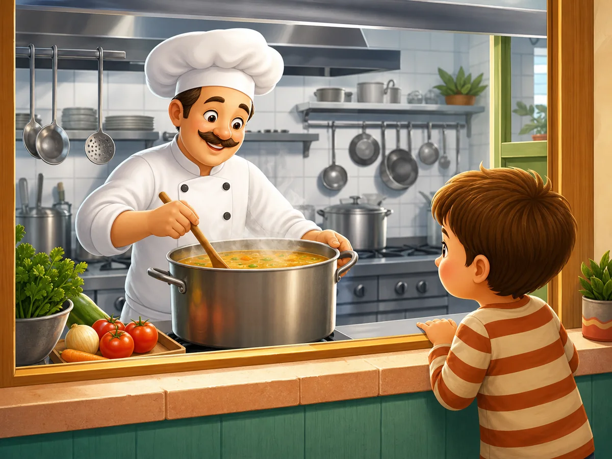 Chef cocina una olla mientras un nino observa