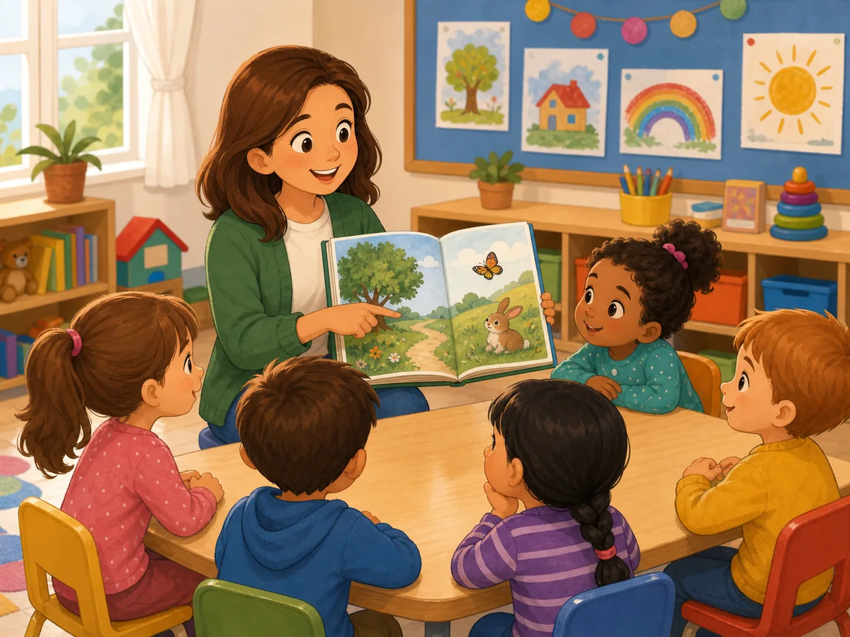 Maestra lee un libro con varios ninos en el aula