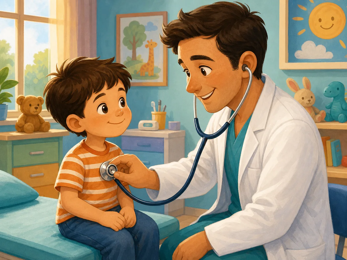 Medico atiende a un nino con un estetoscopio