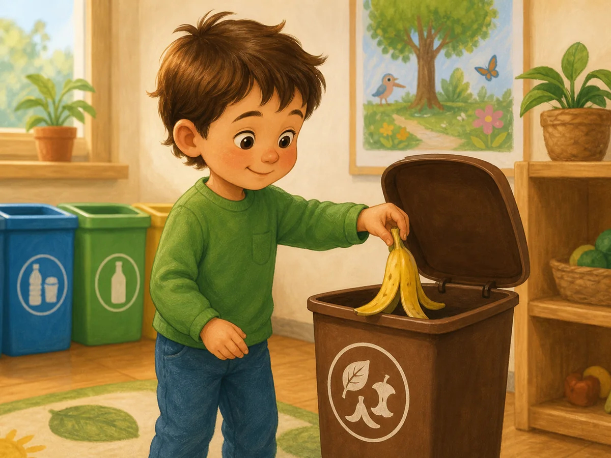 Nino deposita una cascara de platano en el contenedor marron