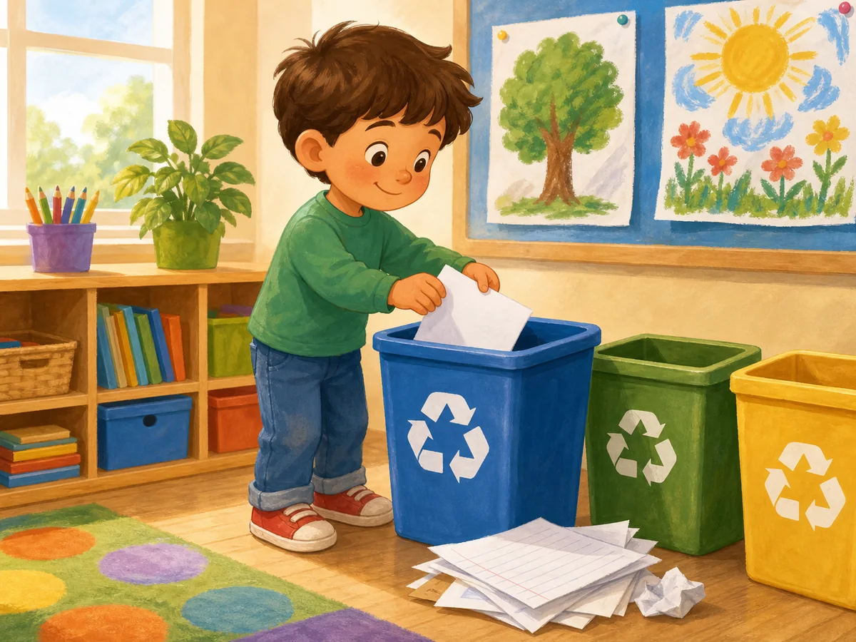 Nino deposita papel en el contenedor azul de reciclaje
