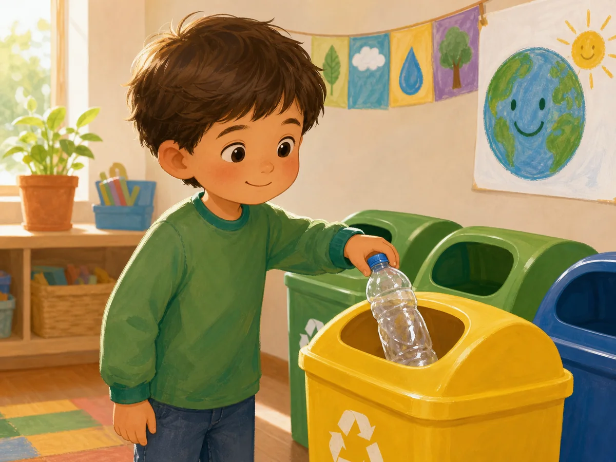 Nino deposita una botella de plastico en el contenedor amarillo