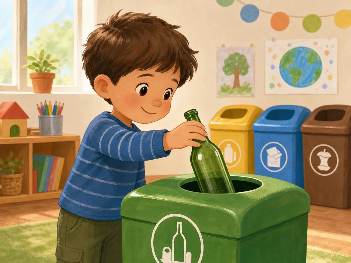 Nino deposita una botella de vidrio en el contenedor verde