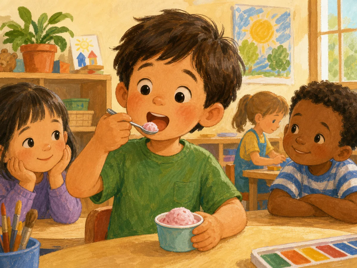 Niño probando un helado en el aula