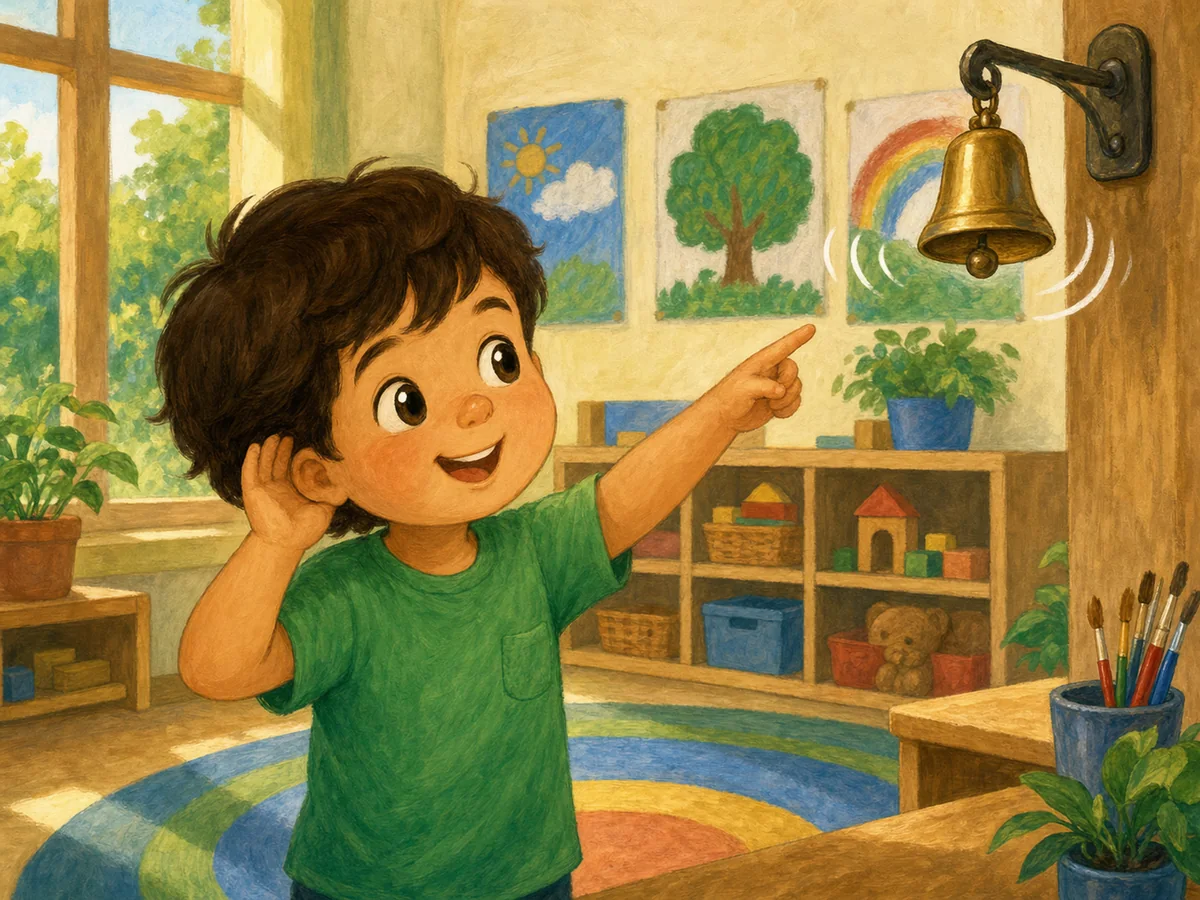 Niño escuchando una campana en el aula