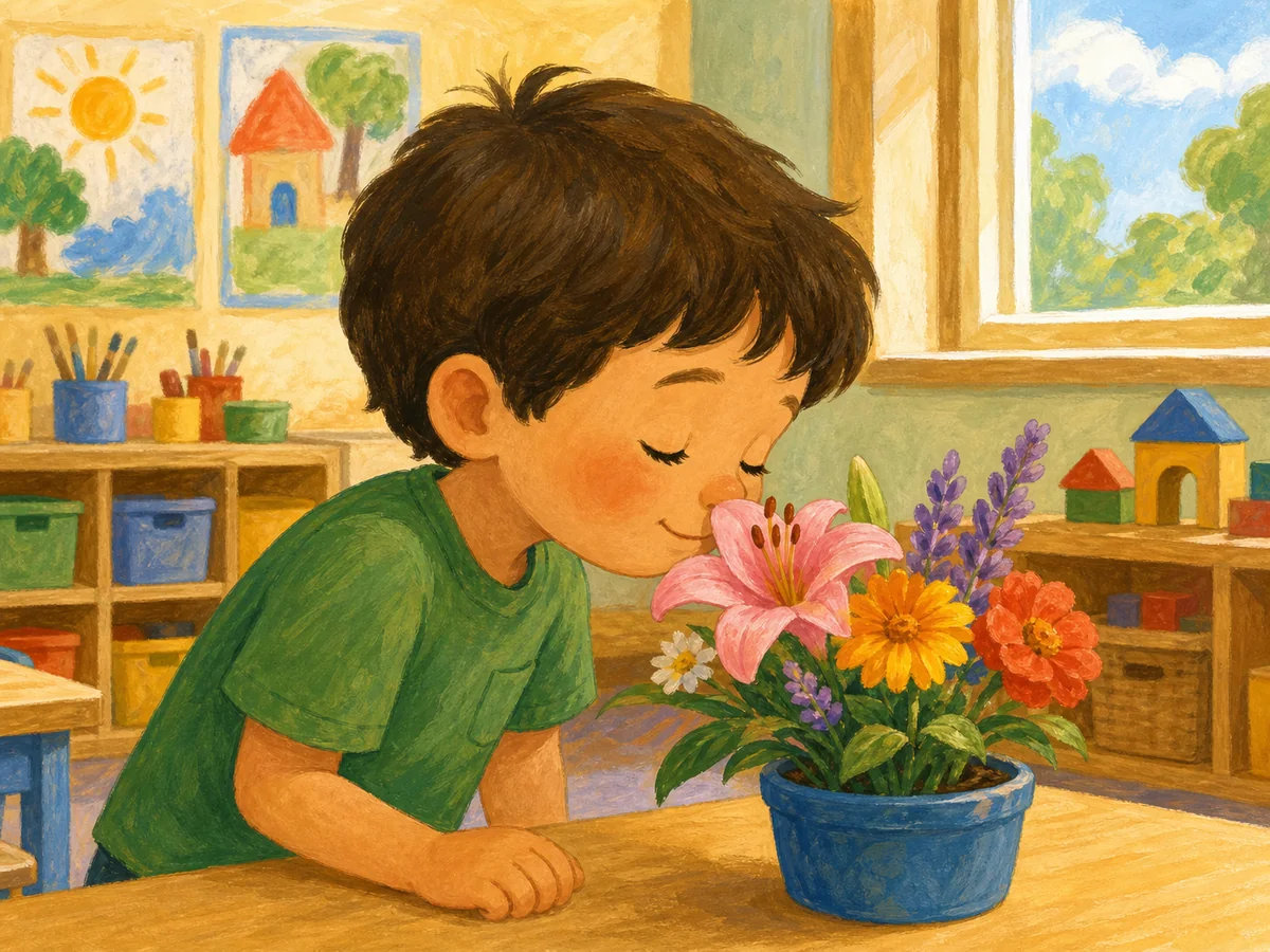Niño oliendo una flor en el aula
