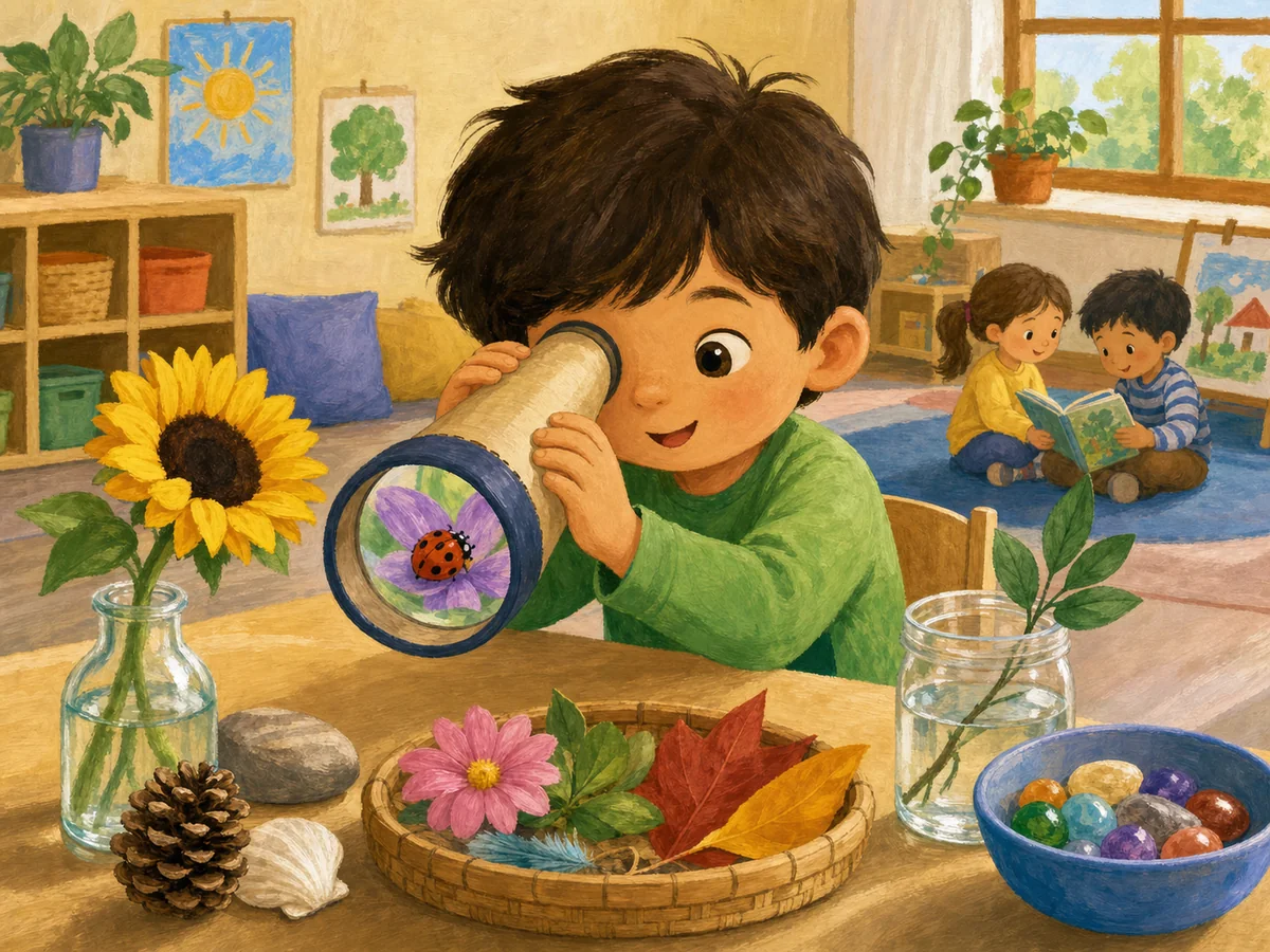 Niño observando una flor con una lupa en el aula