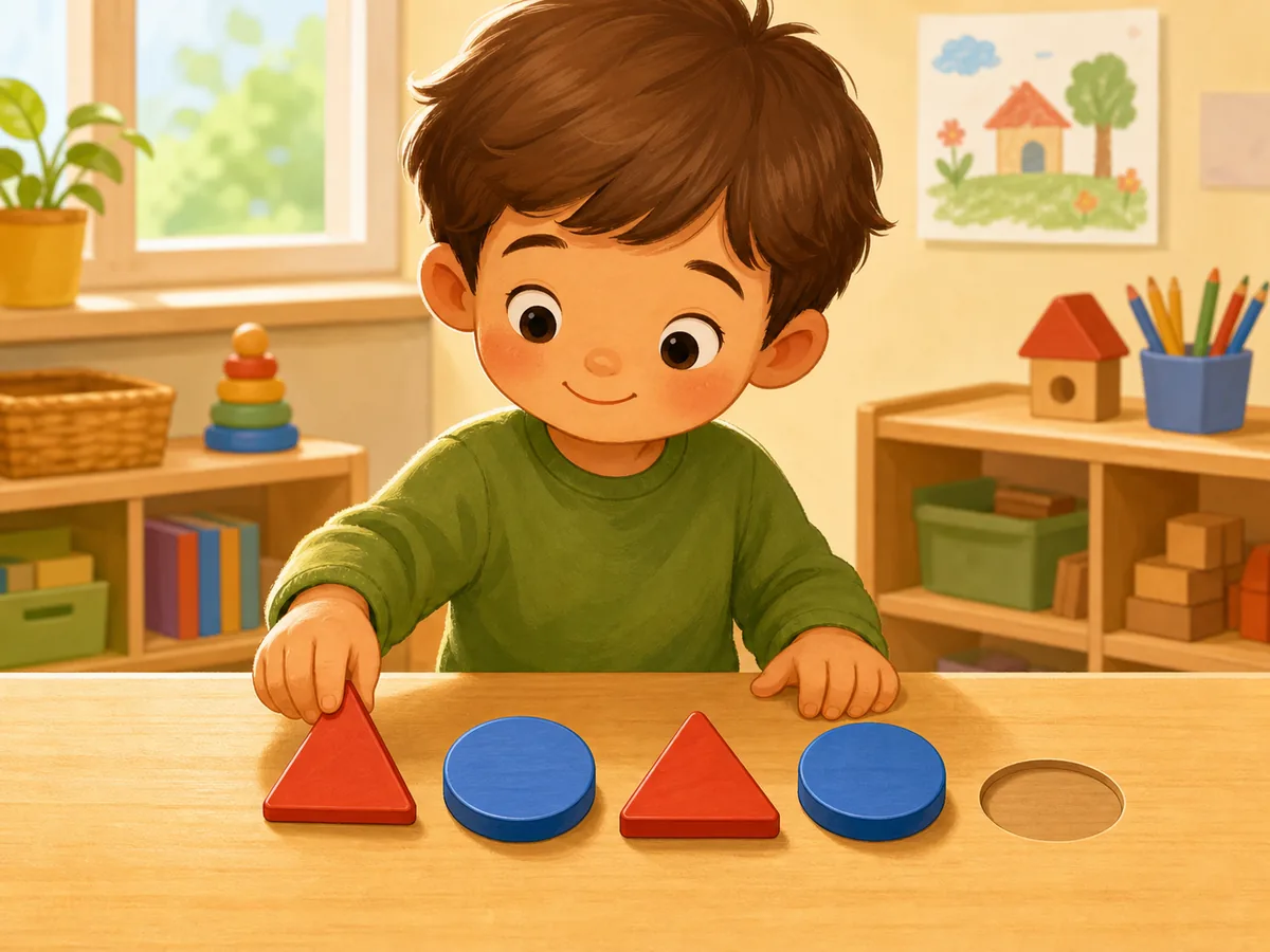 Ni&ntilde;o completando una serie de tri&aacute;ngulos y c&iacute;rculos