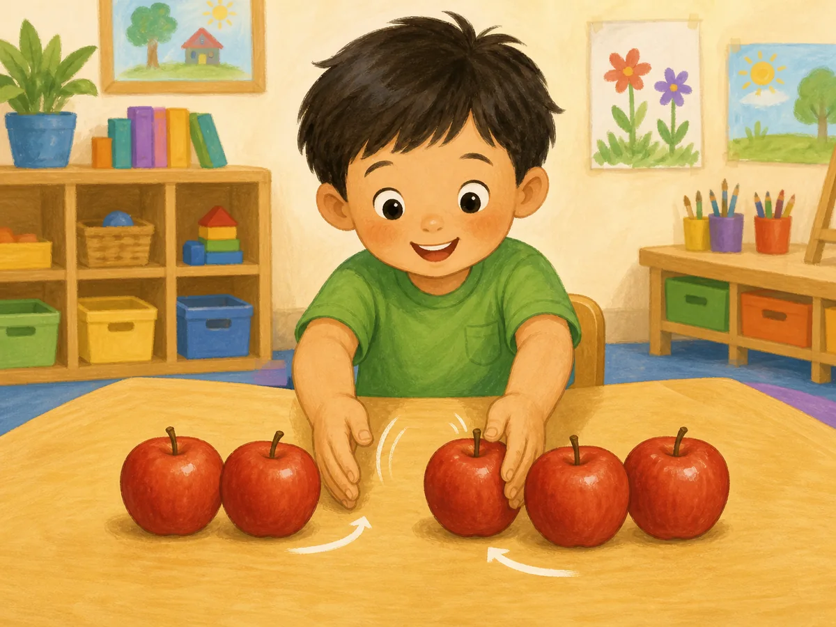 Niño juntando dos manzanas con tres manzanas