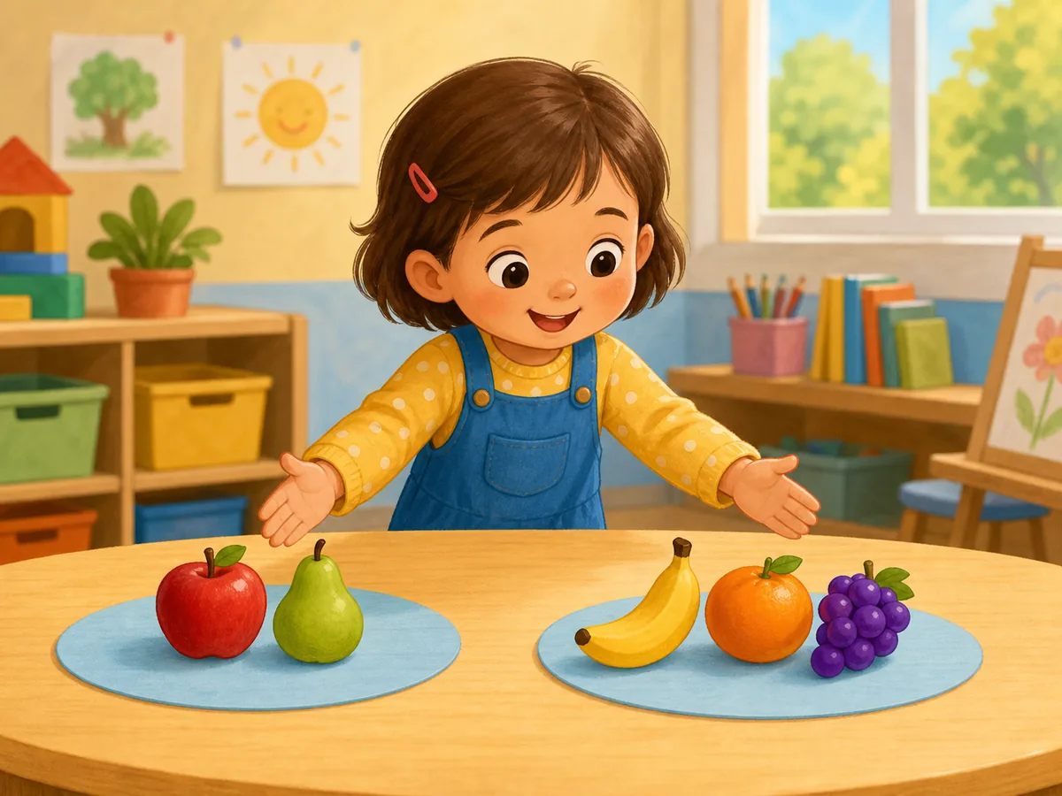 Ni&ntilde;a juntando dos grupos de frutas, dos y tres