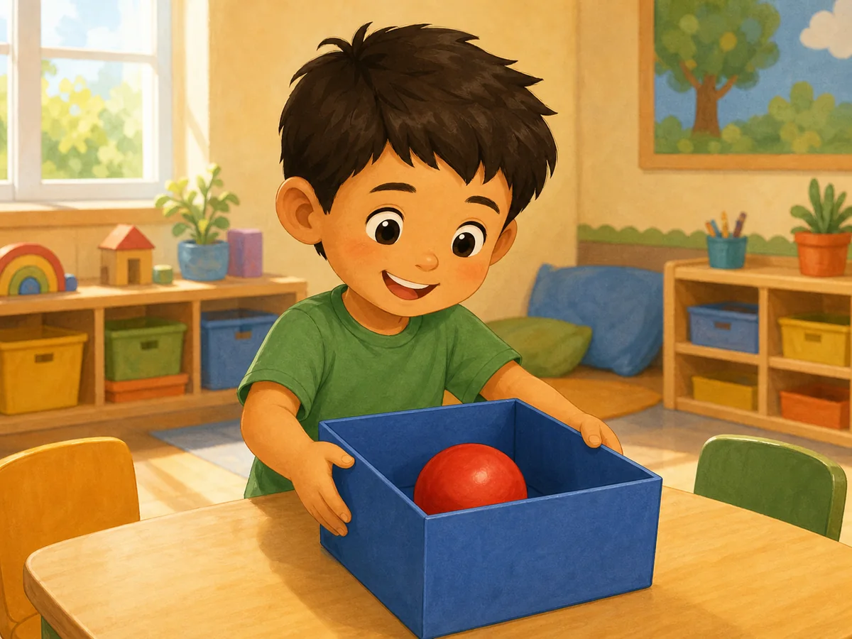 Pelota roja dentro de una caja azul