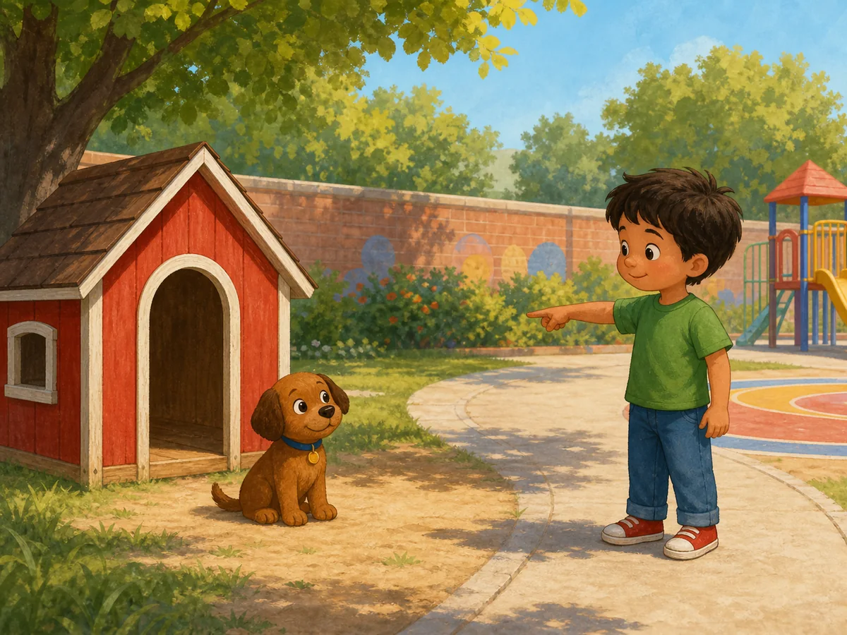 Perro sentado fuera de una casita roja