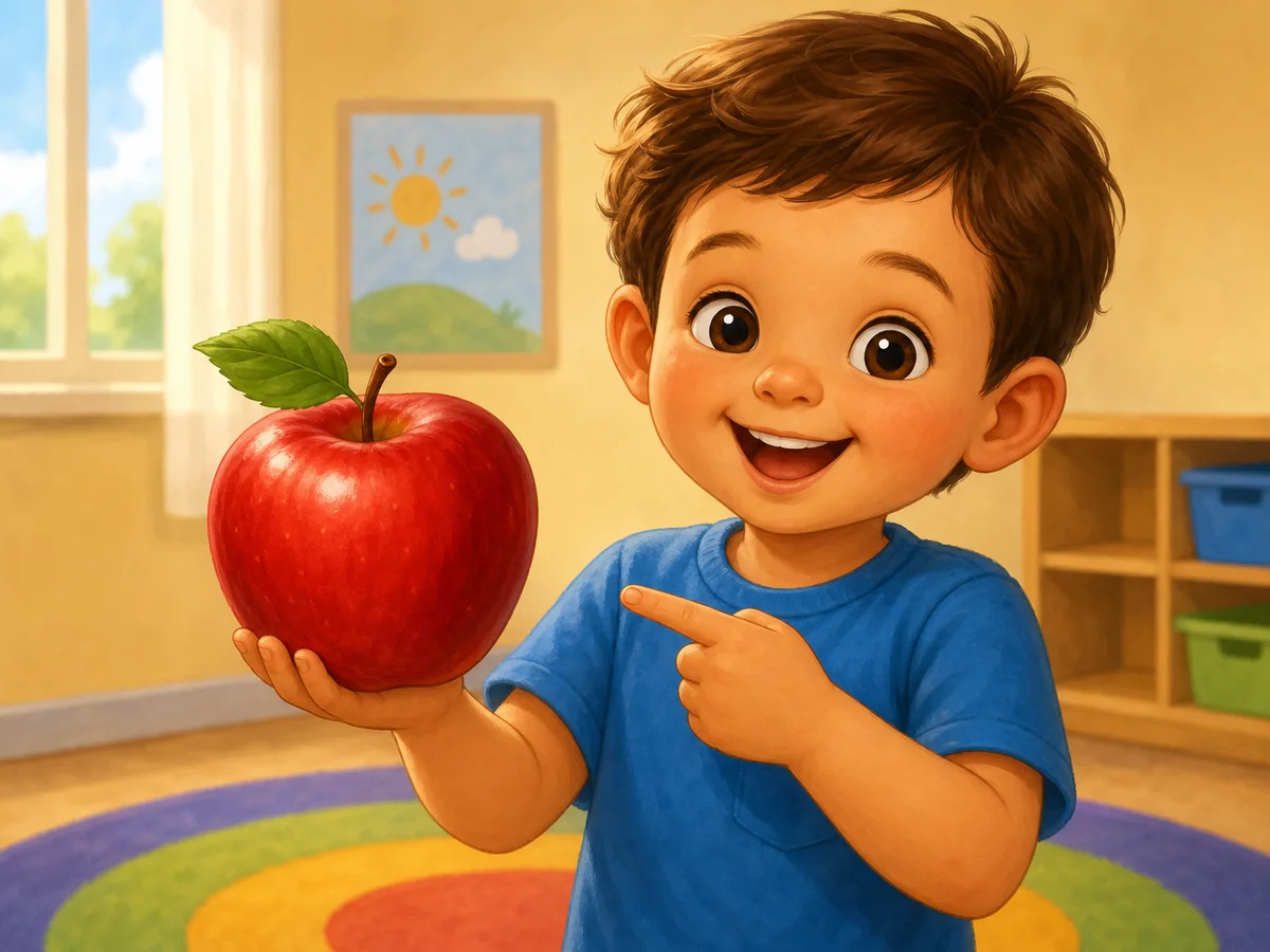 Nino de Infantil senalando una manzana para reconocer la vocal A