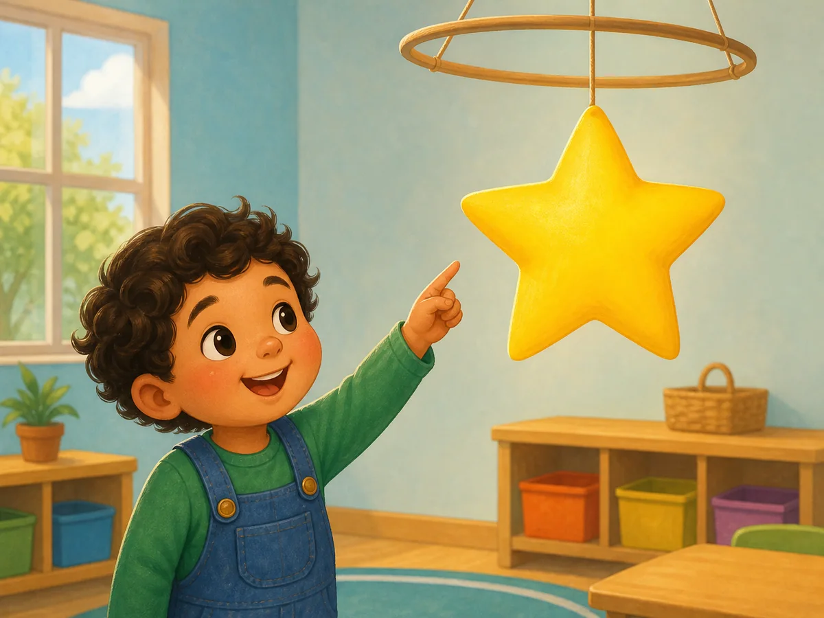 Nina de Infantil senalando una estrella para reconocer la vocal E