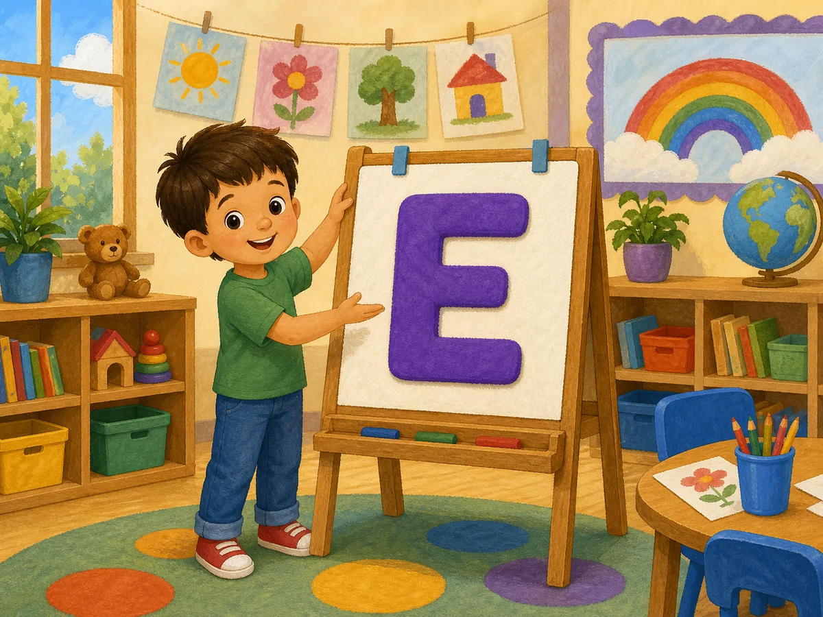 Ni&ntilde;o mostrando la vocal E de fieltro