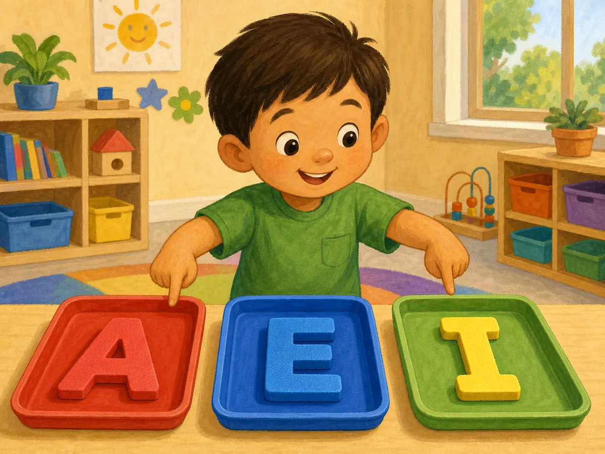 Ni&ntilde;o separando las vocales A, E e I en tres bandejas