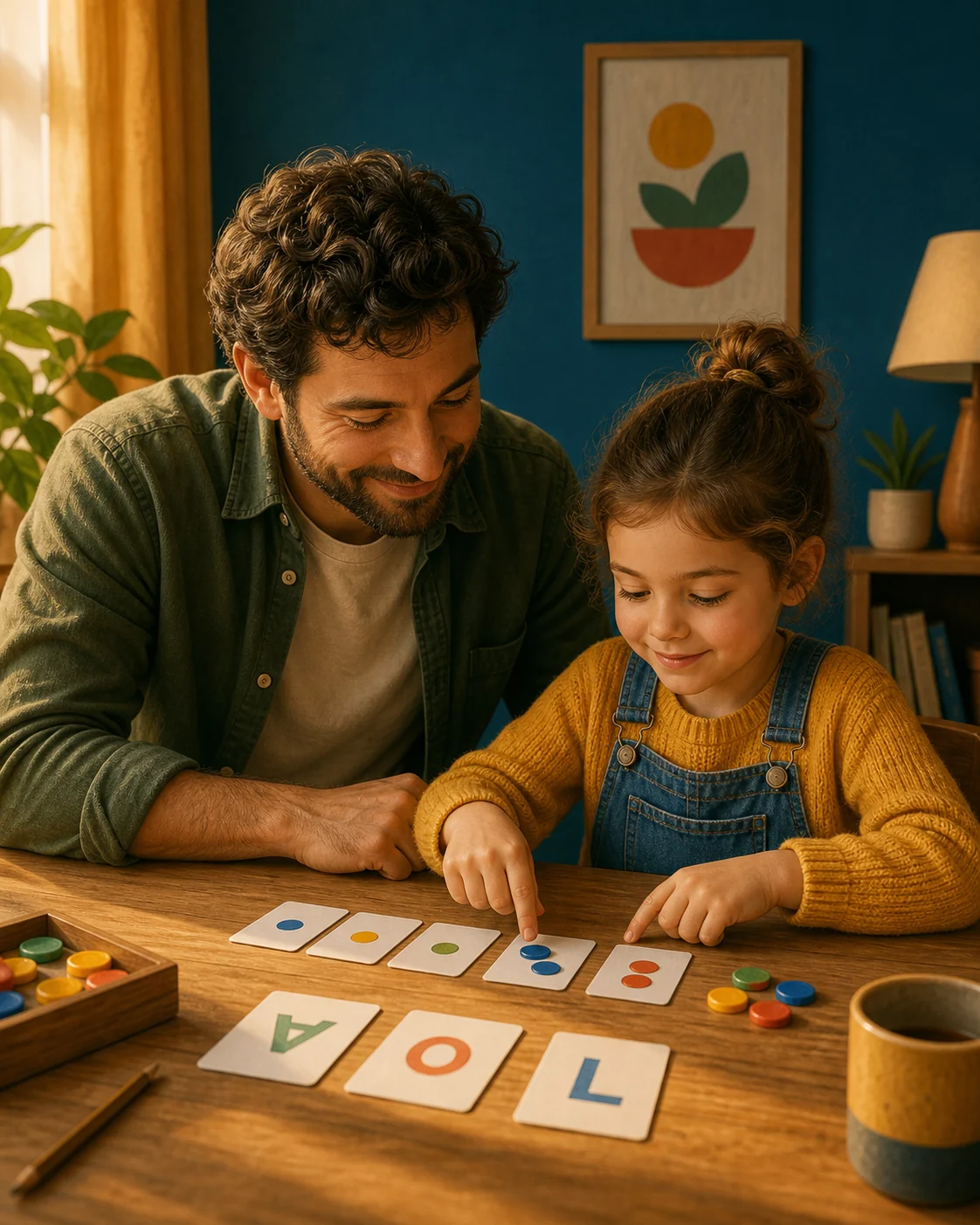 Un padre acompaña a una niña de seis años mientras relaciona letras y pequeñas cantidades con fichas de colores en casa