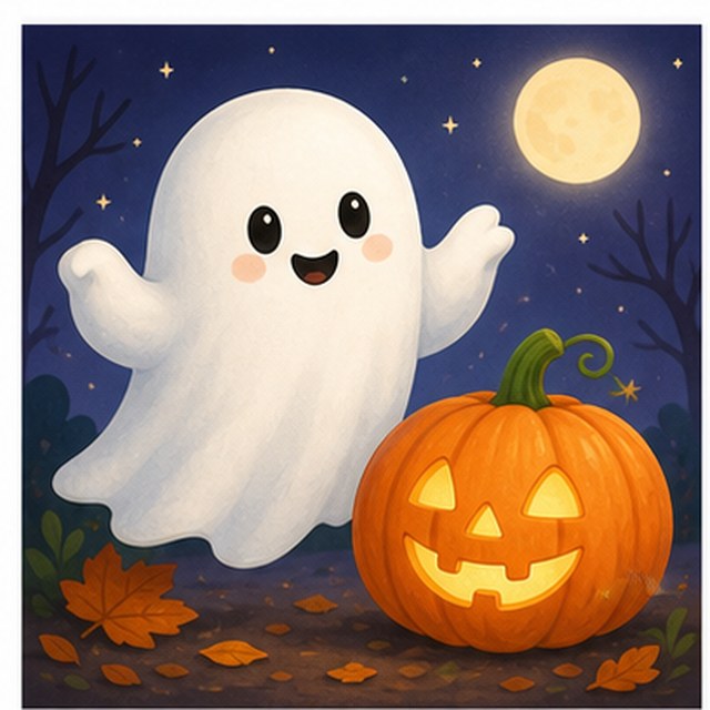 Fantasma de Halloween amable junto a una calabaza