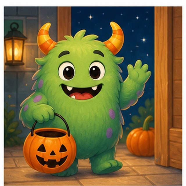 Monstruo de Halloween amable con calabaza
