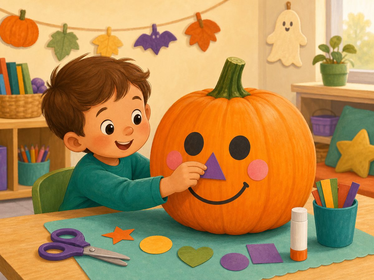 Un niño coloca una figura morada en una calabaza durante una actividad de aula