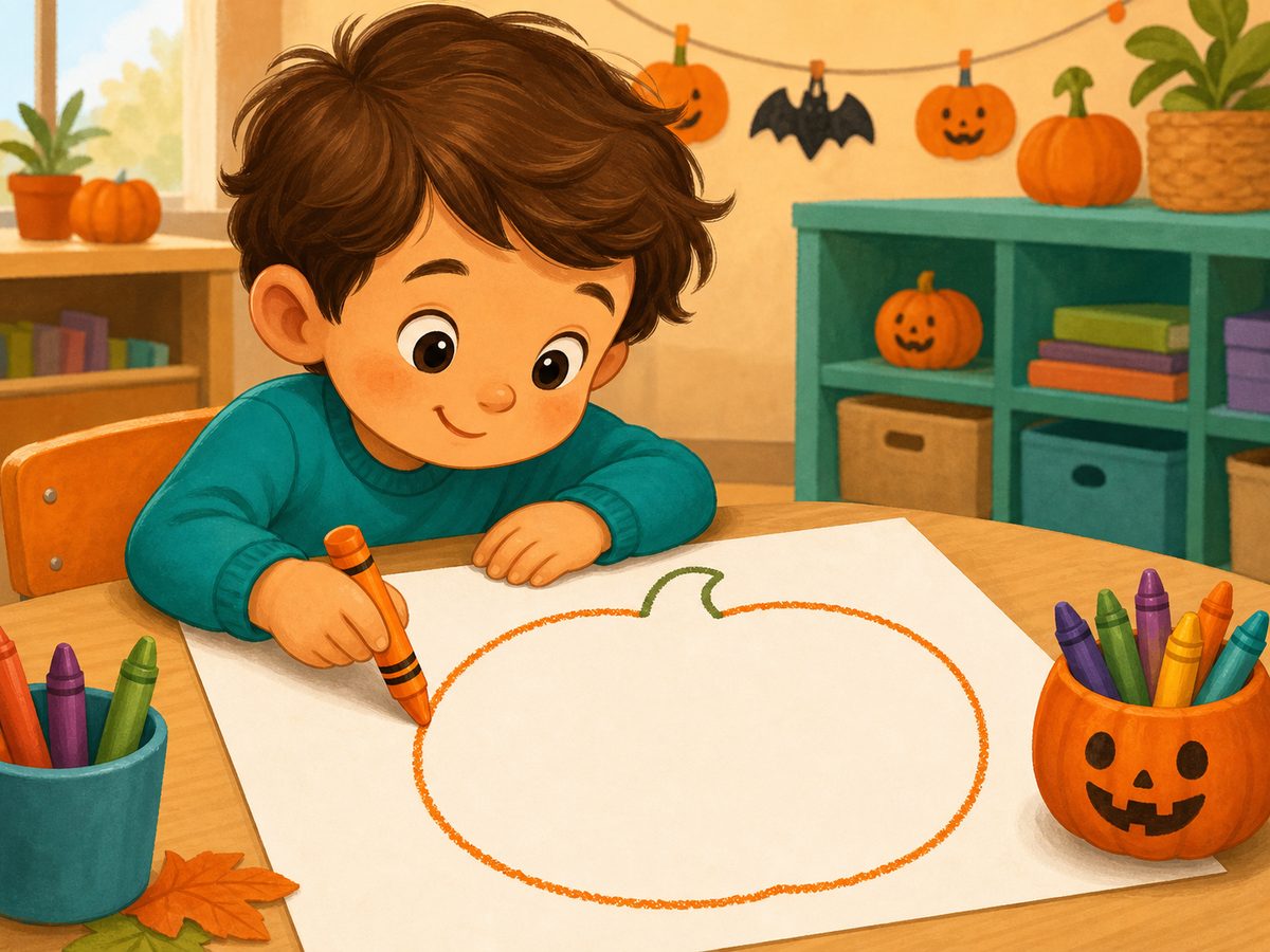 Un niño traza el contorno redondeado de una calabaza con una cera naranja
