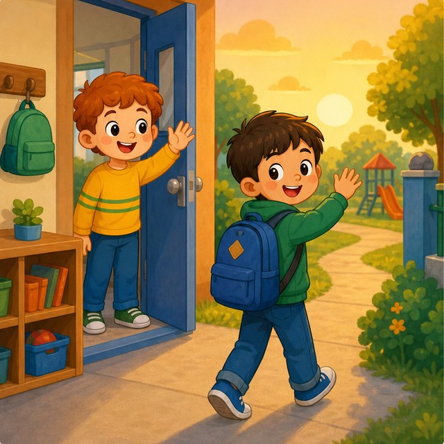A child leaving school and saying goodbye