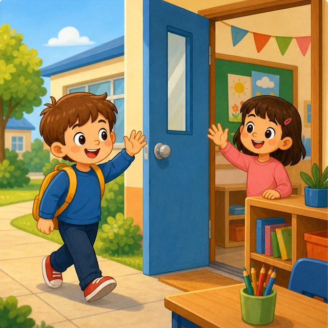 A child arriving at school and saying hello