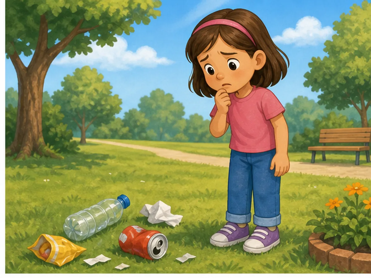 Basura en el parque junto a un niño preocupado