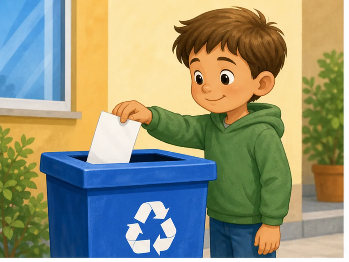 Niño deposita papel en un contenedor azul