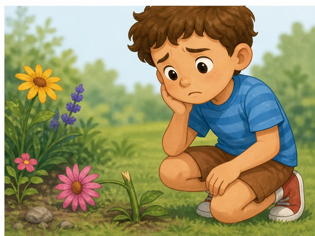 Niño observa una flor con el tallo roto